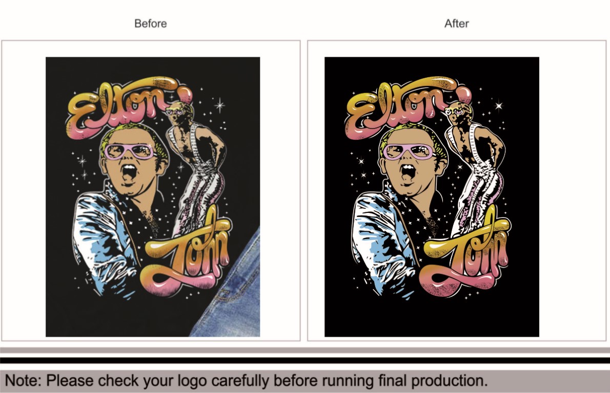Before and after enhancement of an Elton John artwork