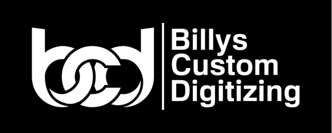 Billys Custom Digitizing logo in black and white