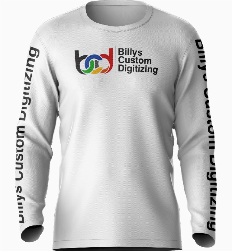 Embroidered sleeves on a garment with logo in front