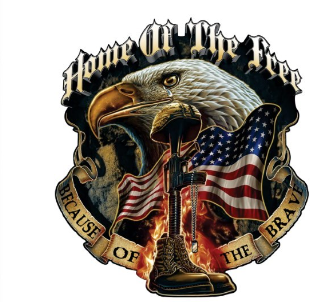 Emblem with eagle and united states flag with the words 'Home of the free because of the brave'